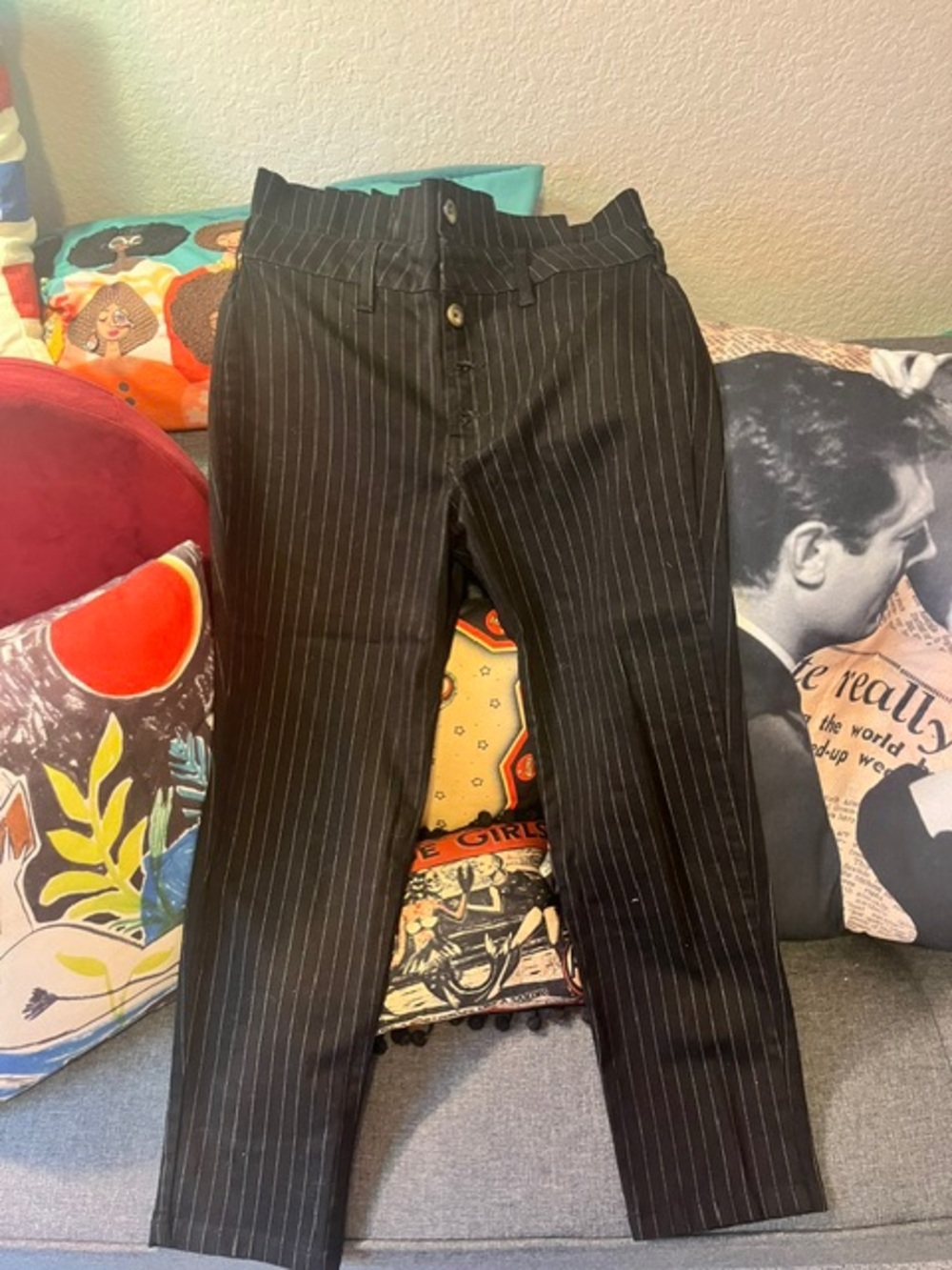 Free People Black Pinstripe Cropped Trousers